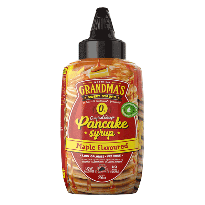 Bouteille de sirop pour pancakes Grandmas saveur érable 0 calorie avec étiquette rouge et jaune sur fond de pancakes