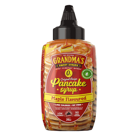 Bouteille de sirop pour pancakes Grandmas saveur érable 0 calorie avec étiquette rouge et jaune sur fond de pancakes