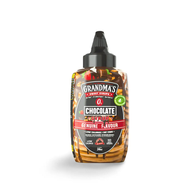 Bouteille de sirop chocolat Grandmas 0 calorie avec étiquette noire et rouge sur fond blanc