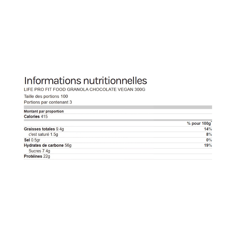 Tableau des informations nutritionnelles du granola chocolat vegan Life Pro indiquant calories, graisses, glucides, sucres, protéines et sel pour 100 g