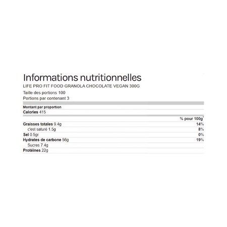 Tableau des informations nutritionnelles du granola chocolat vegan Life Pro indiquant calories, graisses, glucides, sucres, protéines et sel pour 100 g