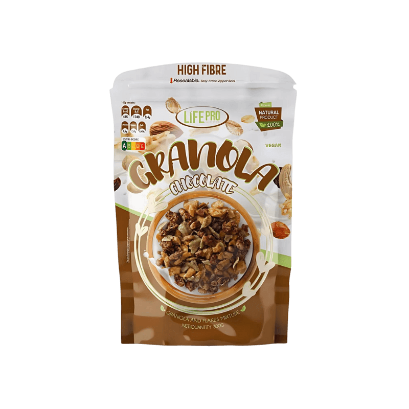 Sachet Life Pro Granola Chocolate vegan riche en fibres avec bol de granola chocolaté illustré sur le devant de l’emballage