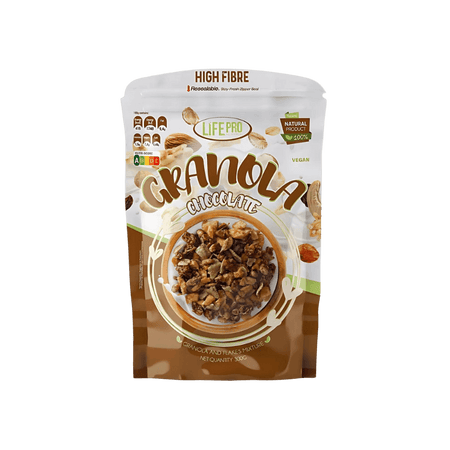 Sachet Life Pro Granola Chocolate vegan riche en fibres avec bol de granola chocolaté illustré sur le devant de l’emballage