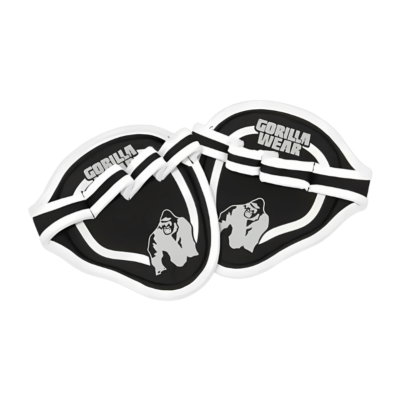 Grip pad Gorilla Wear noir et blanc tenu en main pour améliorer l’adhérence lors des exercices de musculation