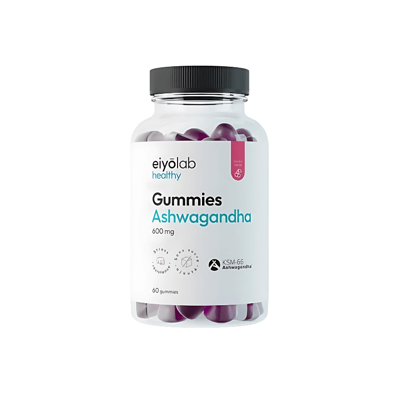 Pot Eiyolab Healthy Gummies Ashwagandha 600 mg, complément anti-stress en 60 gummies violets à base d’extrait KSM-66