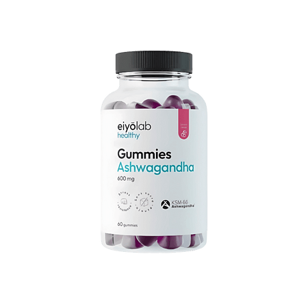 Pot Eiyolab Healthy Gummies Ashwagandha 600 mg, complément anti-stress en 60 gummies violets à base d’extrait KSM-66