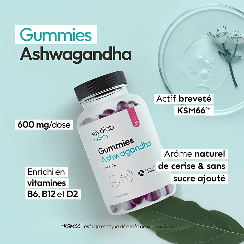 Visuel Eiyolab Healthy Gummies Ashwagandha 600 mg avec actif breveté KSM-66, arôme naturel de cerise et sans sucre ajouté, enrichi en vitamines B6 B12 et D2