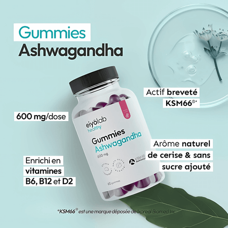 Visuel Eiyolab Healthy Gummies Ashwagandha 600 mg avec actif breveté KSM-66, arôme naturel de cerise et sans sucre ajouté, enrichi en vitamines B6 B12 et D2