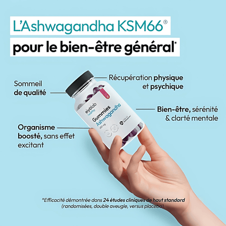 Visuel Eiyolab montrant un pot de Gummies Ashwagandha tenu en main avec textes sur les bienfaits KSM-66 pour le sommeil de qualité, la récupération physique et psychique et la sérénité mentale