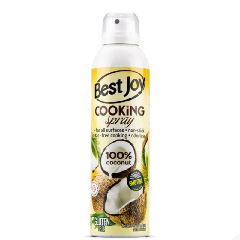 Spray de cuisson Best Joy 100% huile de coco sans gluten présenté en aérosol blanc et jaune avec visuel de noix de coco ouverte