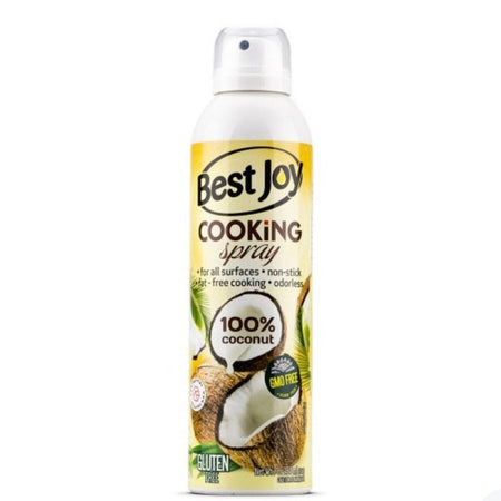 Spray de cuisson Best Joy 100% huile de coco sans gluten présenté en aérosol blanc et jaune avec visuel de noix de coco ouverte