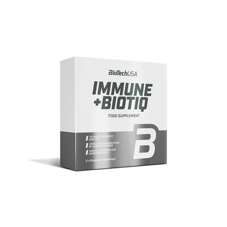 Boîte BioTechUSA Immune+Biotiq, complément alimentaire en 2×18 gélules combinant probiotiques, vitamines C et D, zinc et extraits d’ail, échinacée et gingembre pour le soutien immunitaire