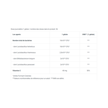 Tableau de composition BioTechUSA Immune+Biotiq indiquant par gélule 10×10⁹ UFC de bactéries dont Lactobacillus helveticus, rhamnosus, paracasei et Bifidobacterium longum ainsi que 40 mg de vitamine C