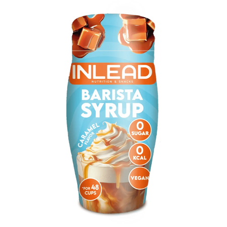 Bouteille Inlead Barista Syrup 65ml saveur caramel, sirop café végan sans sucre ni calories pour aromatiser jusqu’à 48 tasses de latte ou cappuccino