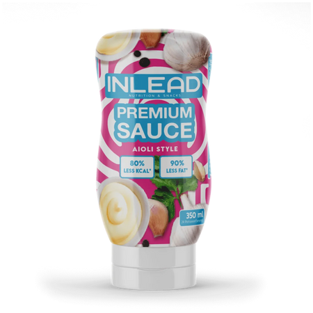 Bouteille de sauce INLEAD Premium Sauce Aioli Style 350 ml affichant 80% de calories en moins et 90% de graisses en moins par rapport à une sauce aïoli classique