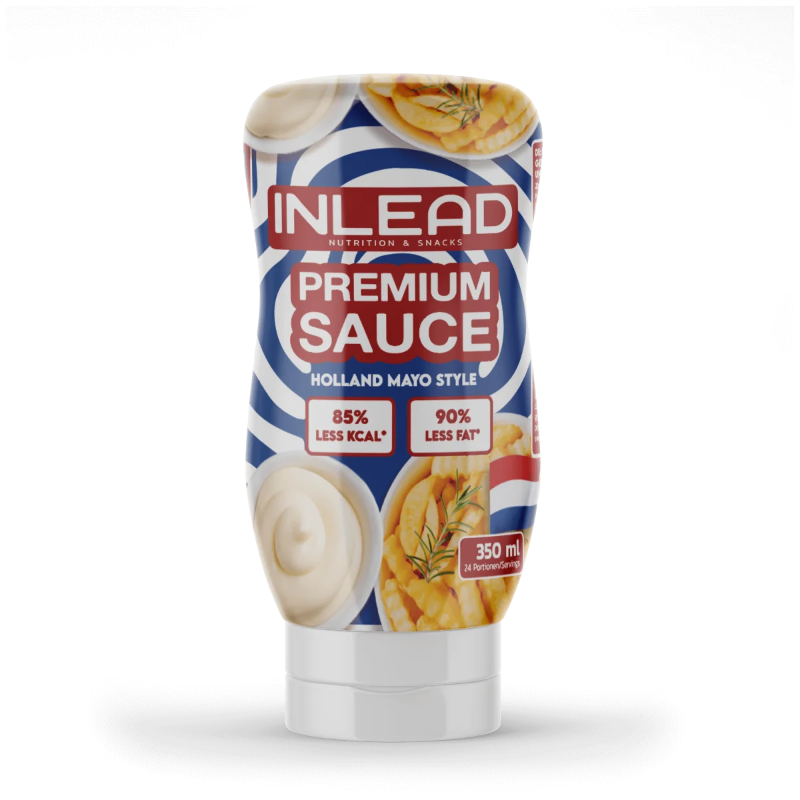 Bouteille de sauce INLEAD Premium Sauce Holland Mayo Style 350 ml indiquant 85% de calories et 90% de graisses en moins pour accompagner frites et snacks