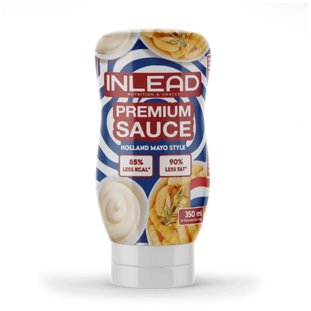 Bouteille de sauce INLEAD Premium Sauce Holland Mayo Style 350 ml indiquant 85% de calories et 90% de graisses en moins pour accompagner frites et snacks