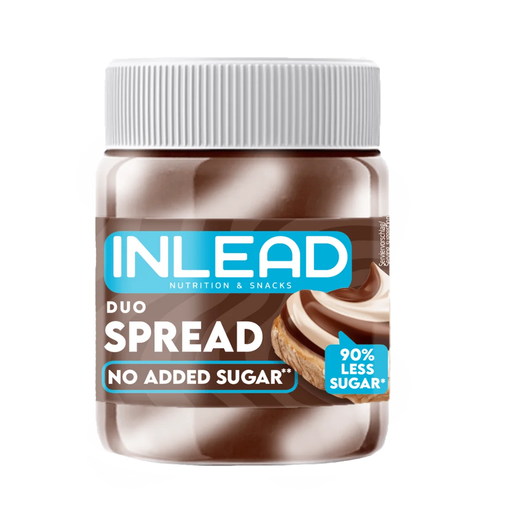 Pot Inlead Duo Spread 350g sans sucre ajouté, pâte à tartiner bicolore noisette et chocolat blanc avec 90 pourcent de sucre en moins