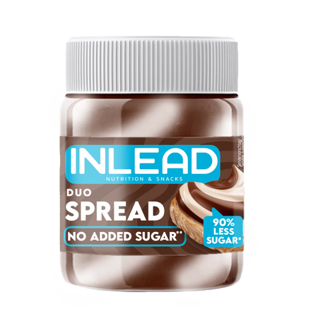 Pot Inlead Duo Spread 350g sans sucre ajouté, pâte à tartiner bicolore noisette et chocolat blanc avec 90 pourcent de sucre en moins