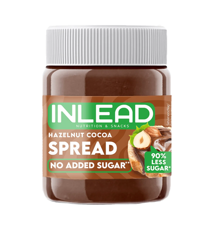 Pot Inlead Hazelnut Cocoa Spread 350g sans sucre ajouté, pâte à tartiner noisette cacao low sugar avec 10 pourcent de noisettes et 4 pourcent de cacao