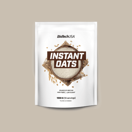 Sachet blanc de 1 kg de flocons d’avoine Instant Oats BiotechUSA sur fond uni beige, avec logo et illustration de farine d’avoine au centre du pack