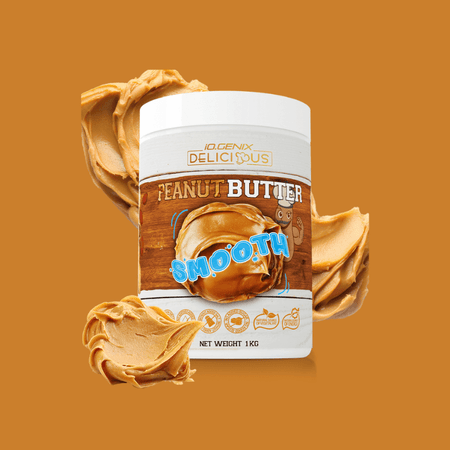 Pot de beurre de cacahuète Iogenix Delicious Peanut Butter Smooth 1 kg sur fond marron avec généreuses noix de cacahuète tartinées autour