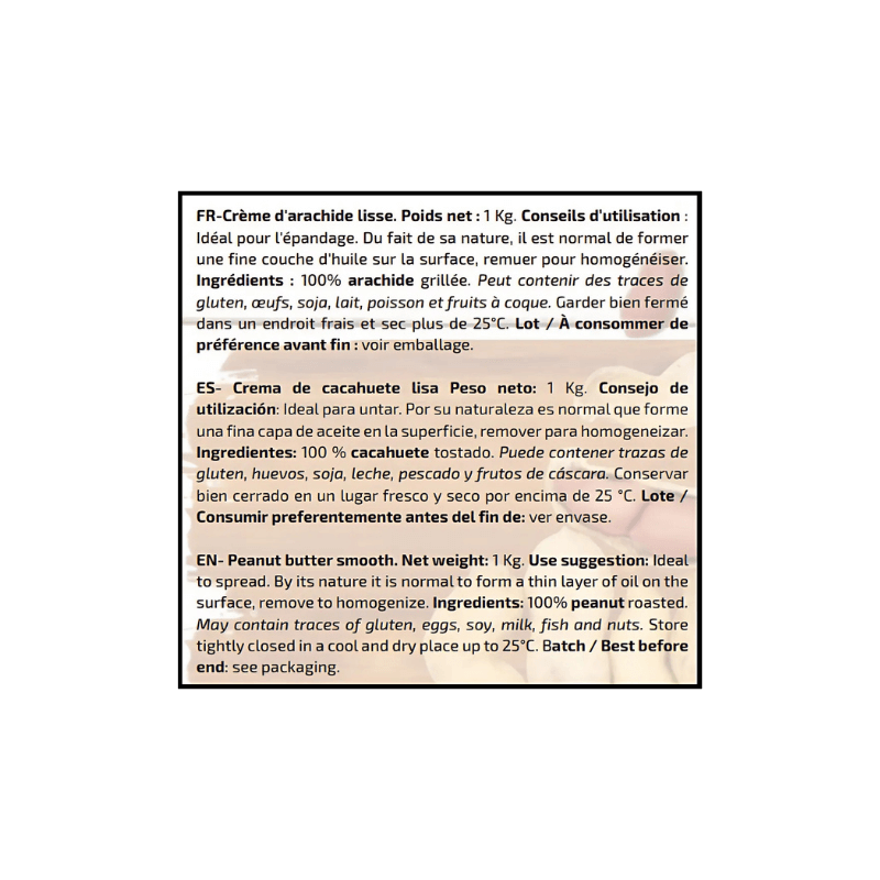 Étiquette du pot de beurre de cacahuète lisse Iogenix Delicious 1 kg présentant ingrédients, conseils d’utilisation et mentions allergènes en plusieurs langues