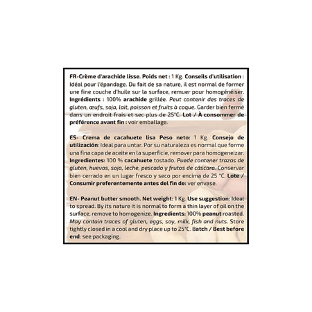 Étiquette du pot de beurre de cacahuète lisse Iogenix Delicious 1 kg présentant ingrédients, conseils d’utilisation et mentions allergènes en plusieurs langues
