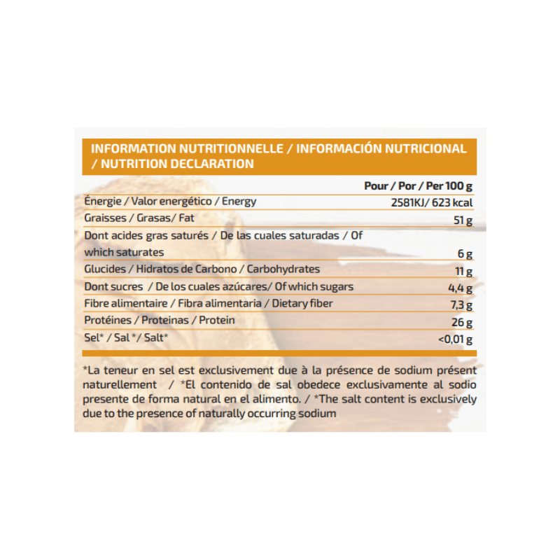 Tableau des informations nutritionnelles du beurre de cacahuète Iogenix indiquant énergie, lipides, glucides, fibres, protéines et sel pour 100 g