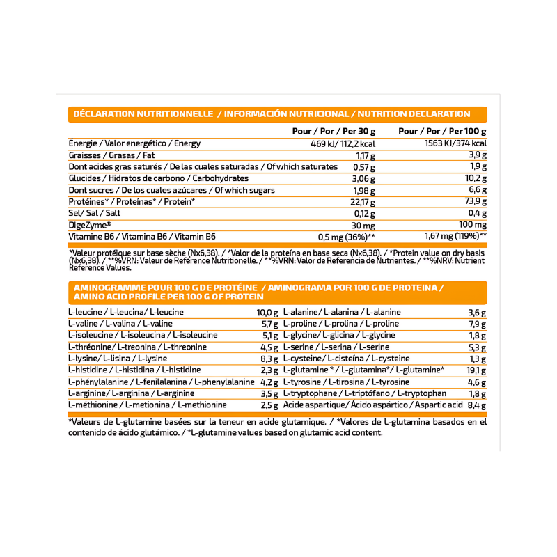 Tableau de valeurs nutritionnelles et acides aminés Casein Cream IOGENIX