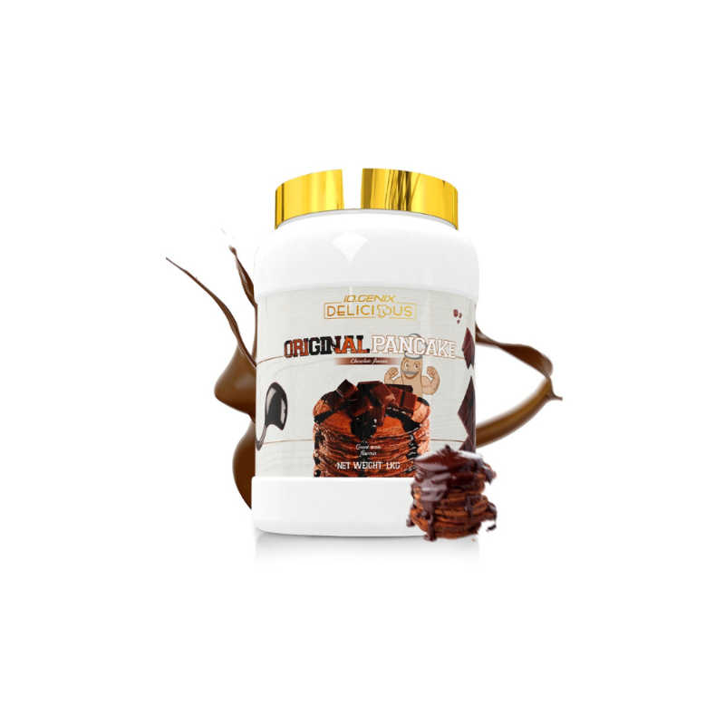Pot Iogenix Delicious Original Pancake chocolat 1 kg entouré d’une éclaboussure de sirop au chocolat et d’une pile de pancakes nappés