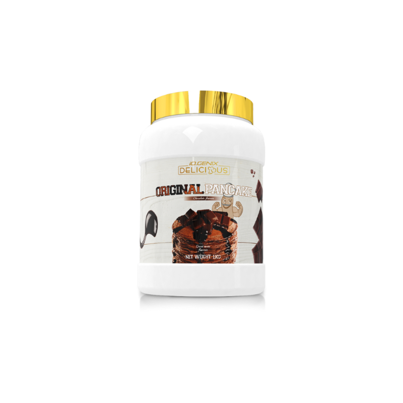 Pot Iogenix Delicious Original Pancake saveur chocolat 1 kg avec couvercle doré et visuel de pancakes au chocolat sur l’étiquette