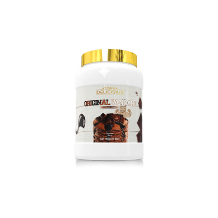 Pot Iogenix Delicious Original Pancake saveur chocolat 1 kg avec couvercle doré et visuel de pancakes au chocolat sur l’étiquette