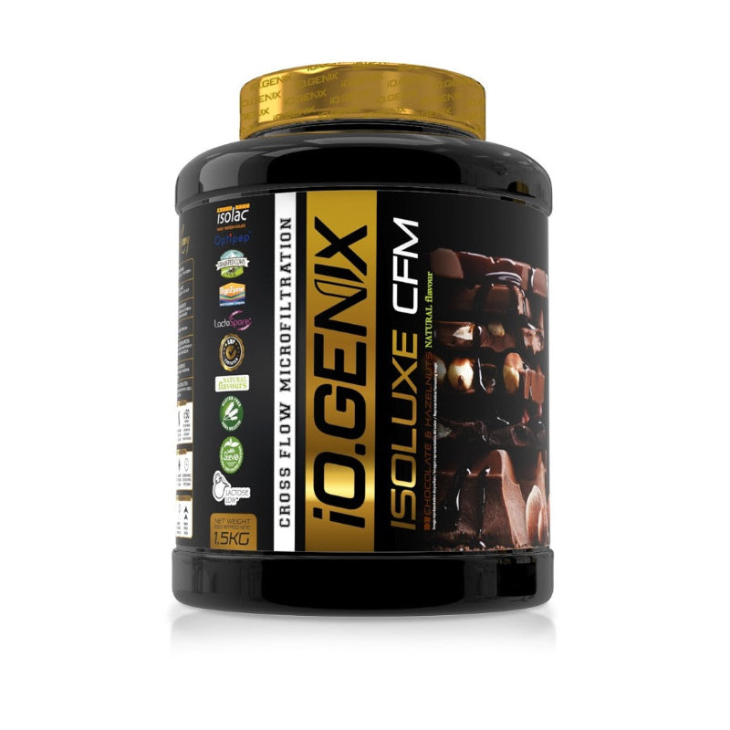 iOGenix Isoluxe CFM whey isolat microfiltration saveur chocolat noisette 1.5kg sans gluten - Dragon Nutrition