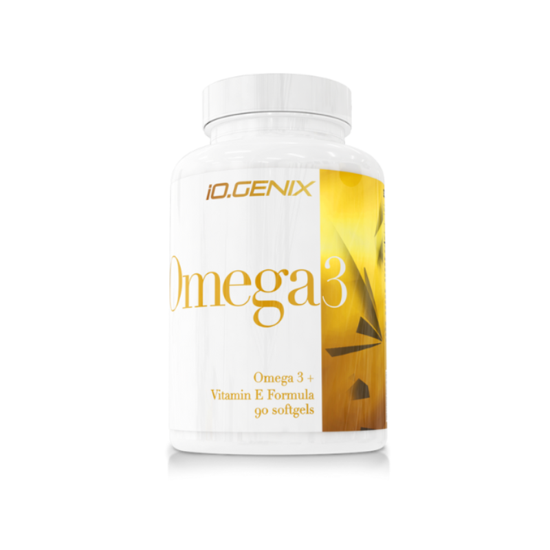 Pot iO.Genix Omega 3 + Vitamin E Formula 90 softgels, complément en oméga 3 pour le cœur et la protection cellulaire