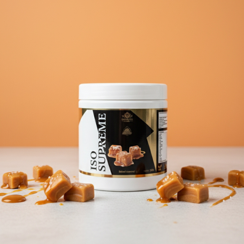Protéine ISO Supreme caramel beurre salé 500g Ultimate Lab – whey isolate goût caramel salé avec morceaux de caramel