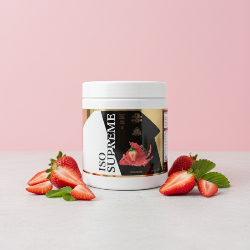 Protéine ISO Supreme fraise 500g Ultimate Lab – whey isolate saveur fraise avec fraises fraîches coupées