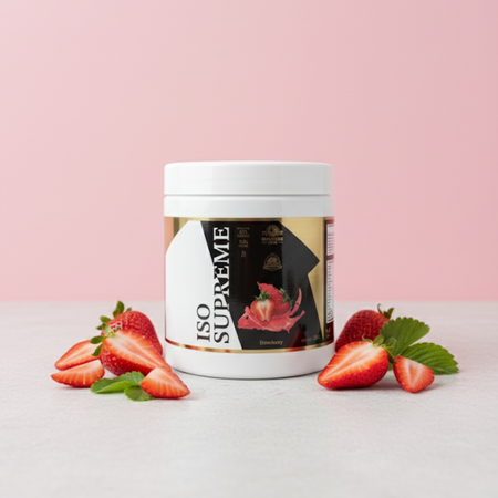 Protéine ISO Supreme fraise 500g Ultimate Lab – whey isolate saveur fraise avec fraises fraîches coupées