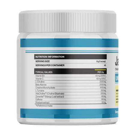 Étiquette nutritionnelle du pré-workout Jack3d 45 USPlabs montrant vitamines, citrulline, bêta-alanine, créatine et caféine par dose