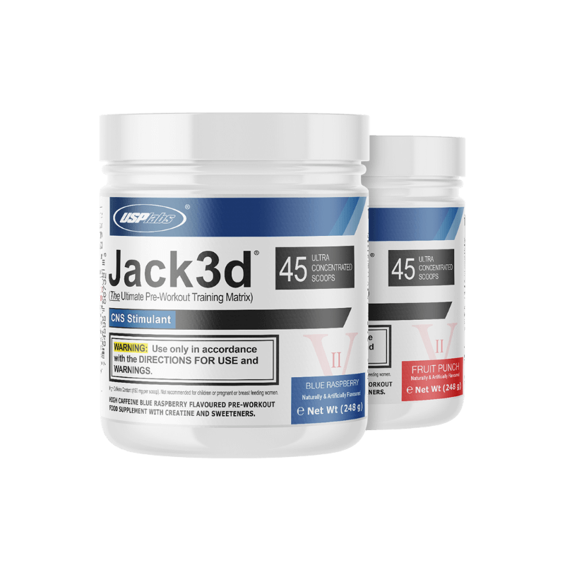 Pots Jack3d Advanced pre-workout USPlabs 248g, 45 dosettes ultra concentrées saveurs Blue Raspberry et Fruit Punch, formule avec caféine, créatine, bêta-alanine et citrulline pour booster l’entraînement