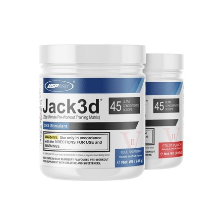 Pots Jack3d Advanced pre-workout USPlabs 248g, 45 dosettes ultra concentrées saveurs Blue Raspberry et Fruit Punch, formule avec caféine, créatine, bêta-alanine et citrulline pour booster l’entraînement