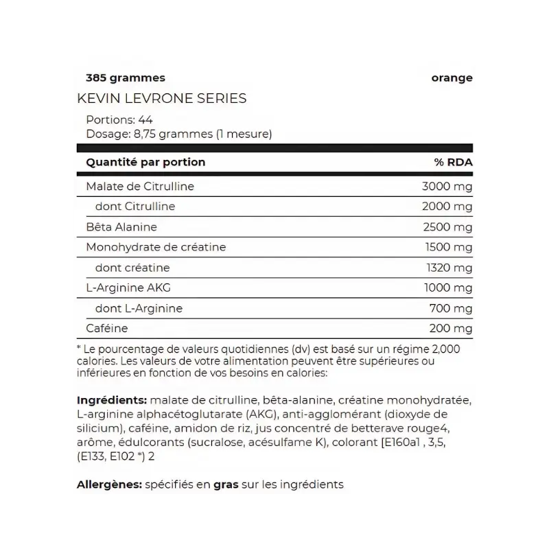Tableau nutritionnel Shaaboom Pump Kevin Levrone : dosages en citrulline, bêta-alanine, créatine, arginine AKG et caféine par portion