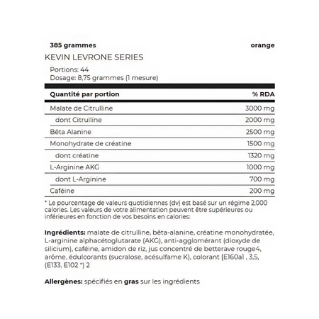 Tableau nutritionnel Shaaboom Pump Kevin Levrone : dosages en citrulline, bêta-alanine, créatine, arginine AKG et caféine par portion
