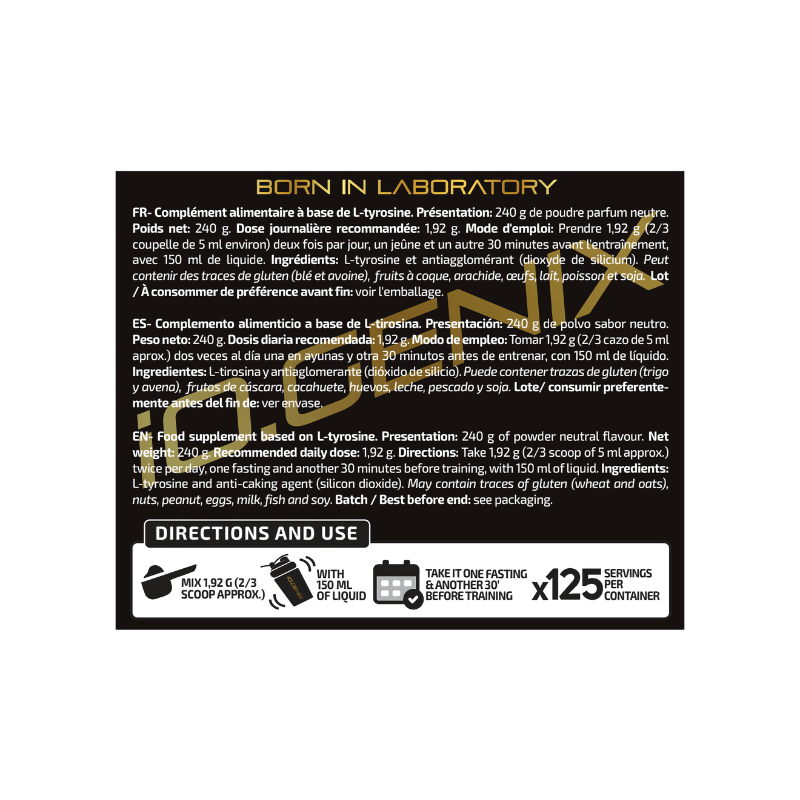 Étiquette IO Genix L-Tyrosine 240 g présentant les ingrédients, la dose journalière recommandée de 1,92 g, le mode d’emploi et les avertissements en français, espagnol et anglais