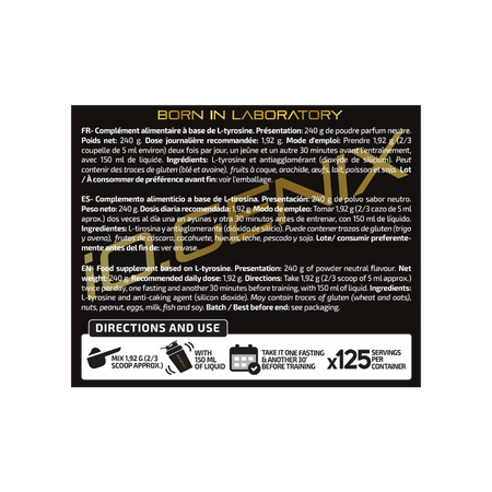 Étiquette IO Genix L-Tyrosine 240 g présentant les ingrédients, la dose journalière recommandée de 1,92 g, le mode d’emploi et les avertissements en français, espagnol et anglais