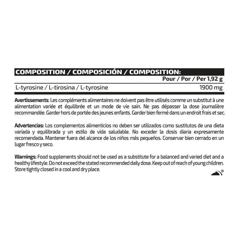 Tableau de composition IO Genix L-Tyrosine indiquant 1900 mg de L-tyrosine par portion de 1,92 g ainsi que les avertissements en plusieurs langues