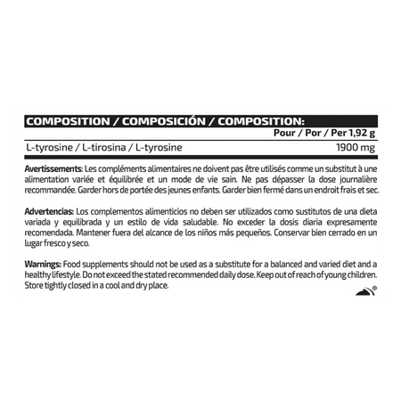 Tableau de composition IO Genix L-Tyrosine indiquant 1900 mg de L-tyrosine par portion de 1,92 g ainsi que les avertissements en plusieurs langues