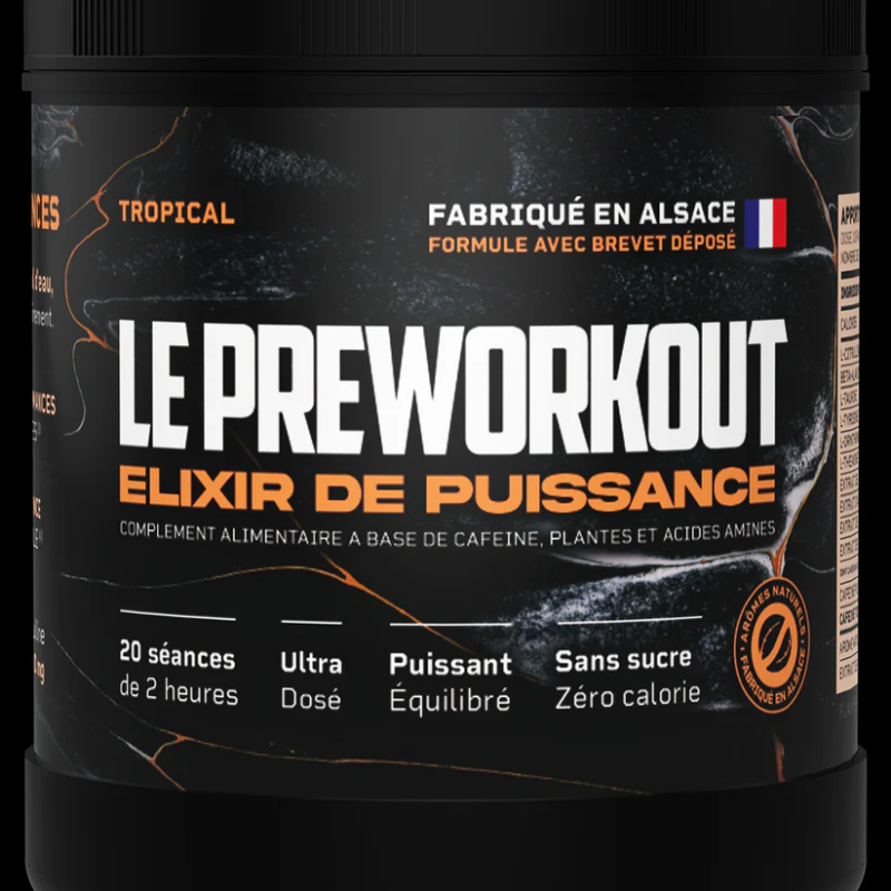 Le Preworkout Elixir de Puissance Saveur Tropical - Booster caféine plantes acides aminés sans sucre zéro calorie fabriqué en Alsace