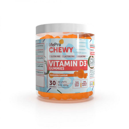 Life Pro Chewy Vitamine D3 Gummies saveur mandarine 60 unités sans sucre sans gluten - Dragon Nutrition