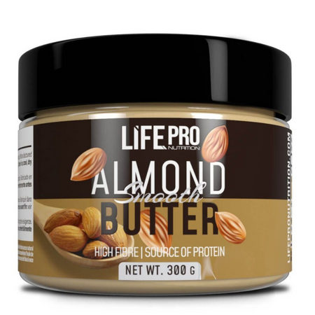 Gros plan sur le pot de beurre d’amandes LifePro Almond Smooth Butter 300 g avec illustrations d’amandes sur l’étiquette